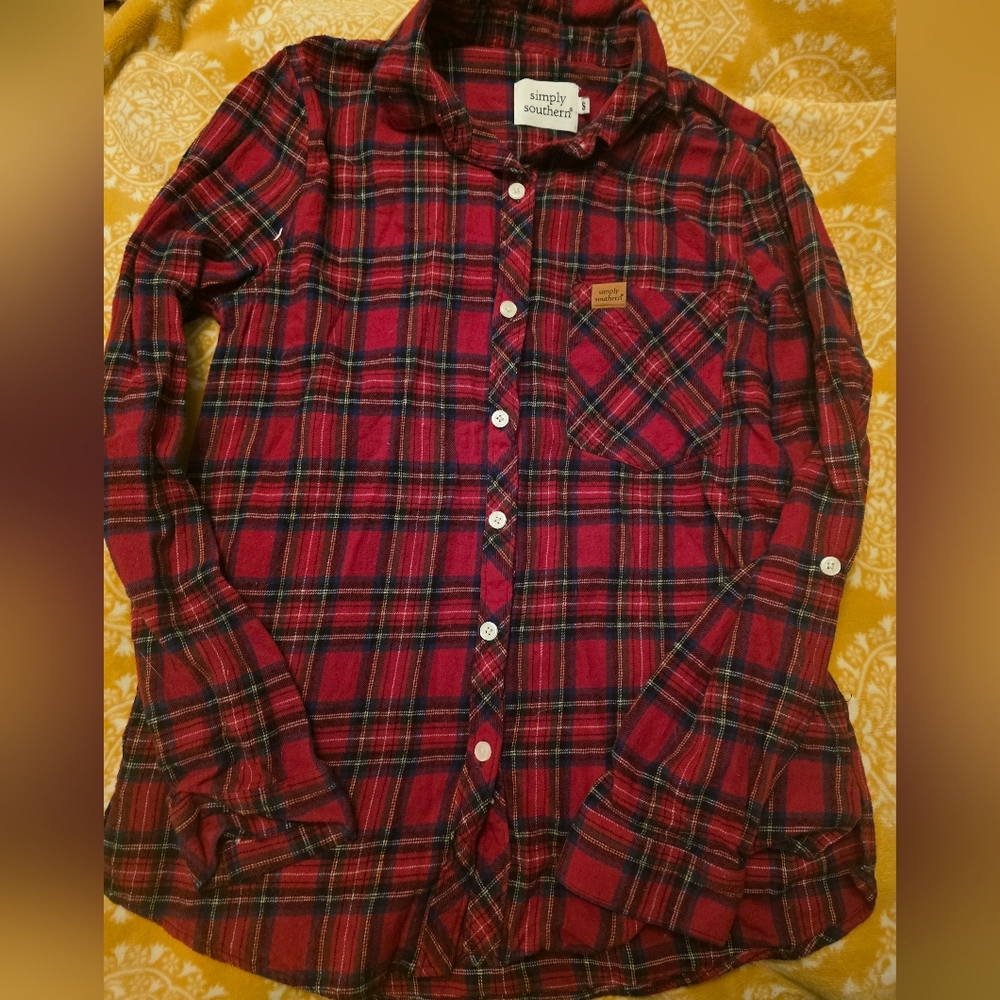 Simply Southern Red Plaid Flannel Button-Up Shirt Size Small Womens